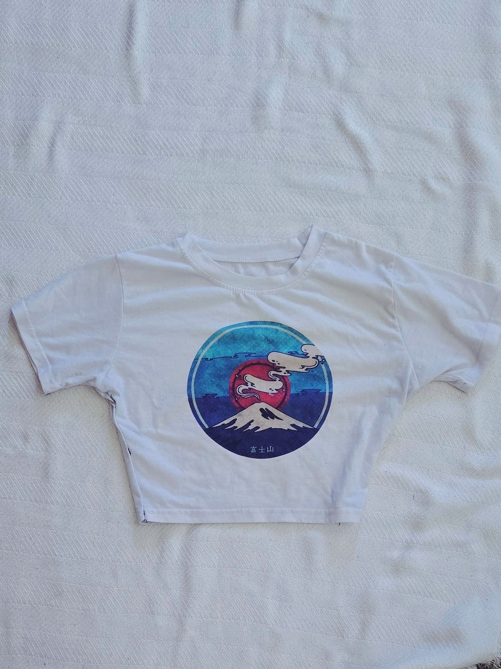 White Graphic Crop Tee with Blue Sunset Design